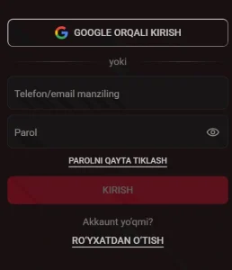 Hisobga kirish oynasi